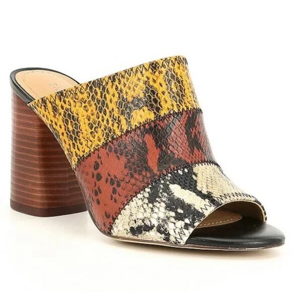 New GIBSON & LATIMER Mya Multi-color Snake Patchwork Open-toe Heeled Mules 9.5 - Picture 1 of 7